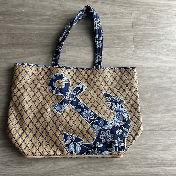 Vera Bradley Beach Straw Tote Nautical Anchor Blue & White Straw Bag Lined Large - Picture 9 of 9